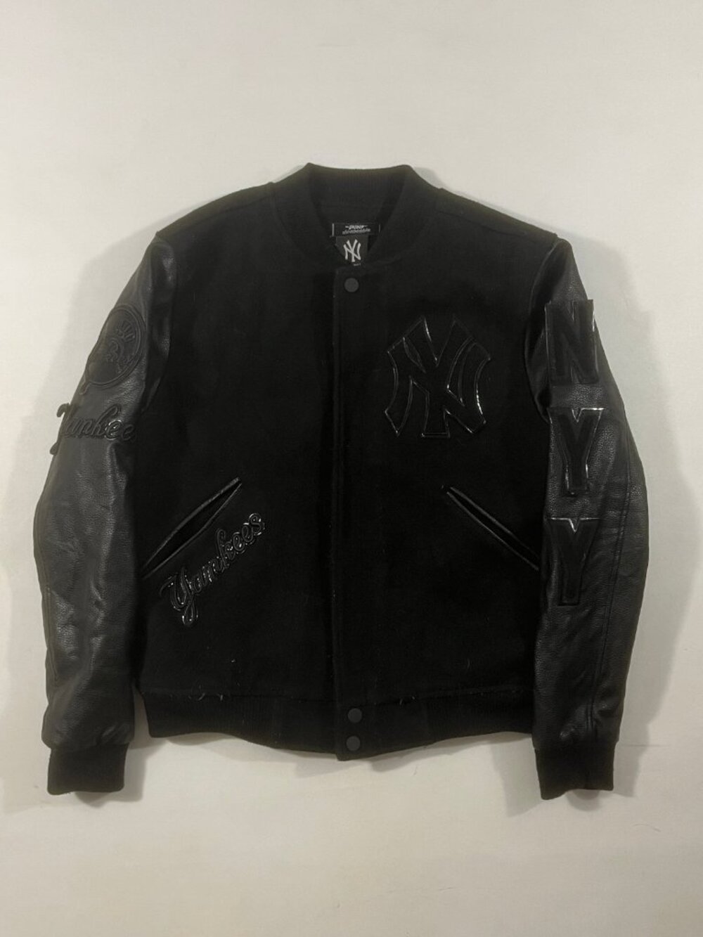 Pro Standard New York Yankees Triple Black Wool Leather Varsity Bomber Jacket M